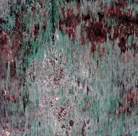 Wooden board abstract and grunge vintage background texture, red and green dripping patterns, square composition.の写真素材