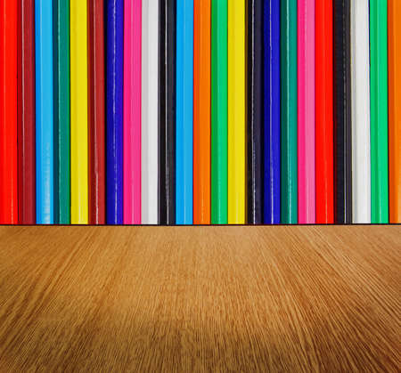 Multicolor backdrop, with wood floor in diminishing perspective -  creative, fun, colorful abstract...