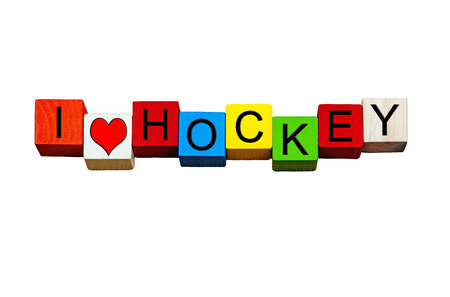 Hockey sign / word banner - for loving hockey and ice hockey, for sports players, spectators and fans - isolated on white background.の写真素材