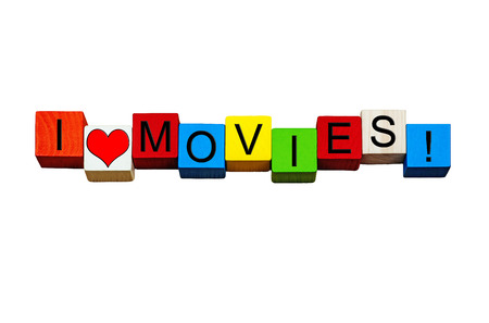 I Love Movies - sign, design or banner - for making, loving and watching films, flicks, cinema, screen writing & the movie business! Isolated on white background.の写真素材