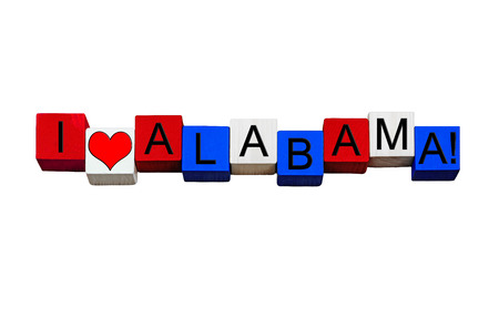 I Love Alabama, Heart of Dixie, sign for American culture, USA vacations, US states and travel destinations - design / banner / word - in national flag colors - isolated on white background.の写真素材