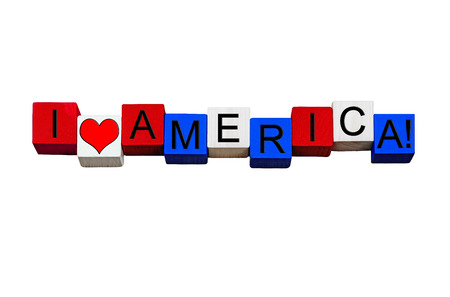 I Love America, sign for American culture, USA, American states, cities, vacations and US travel destinations - design / banner / word - in national flag colors - isolated on white background.の写真素材