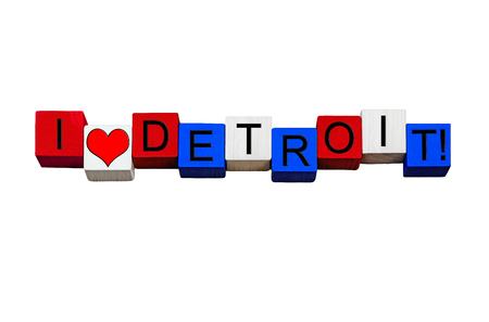 I Love Detroit, sign for Michigan, American culture, USA, cities, vacations and US travel destinations - design / banner / word - in national flag colors - isolated on white background.の写真素材
