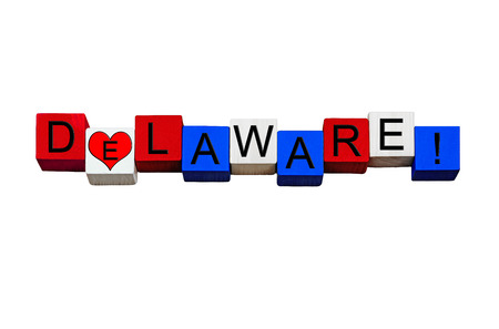 I Love Delaware - sign series for American states, Dover, Wilmington, USA vacations & travel destinations - design / banner / word - in national flag colors - isolated on white background.の写真素材