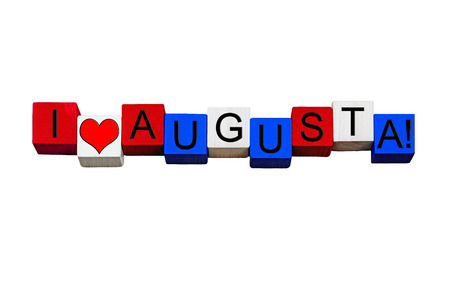 I Love Augusta, sign for American culture, Georgia, USA, American cities, vacations and US travel destinations - design / banner / word - in national flag colors - isolated on white background.の写真素材