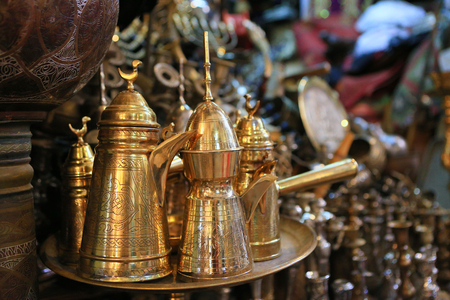 Traditional Arabic coffee sets with traditional coffee pot in the Arab market in Jerusalemの写真素材