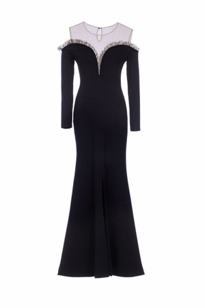 women's black dress on a mannequin isolated on white backgroundの写真素材