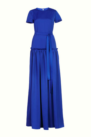 Long blue evening dress isolated on whiteの写真素材