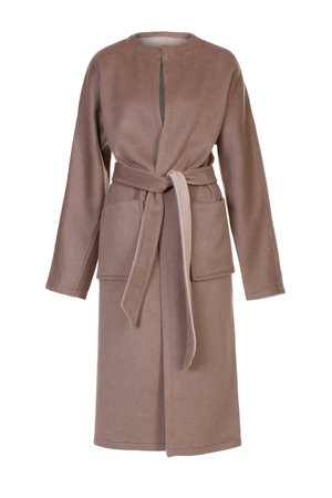 Women's elegant brown coat on white backgroundの写真素材