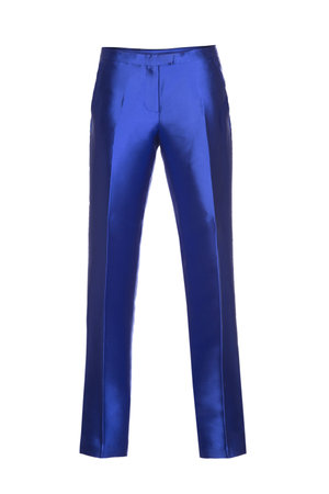 Blue women's classic pants isolated on white backgroundの写真素材