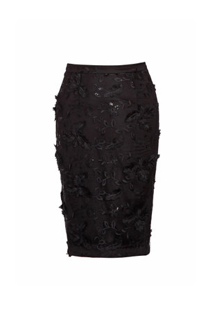 Elegant black lacy midi skirt isolated over whiteの写真素材
