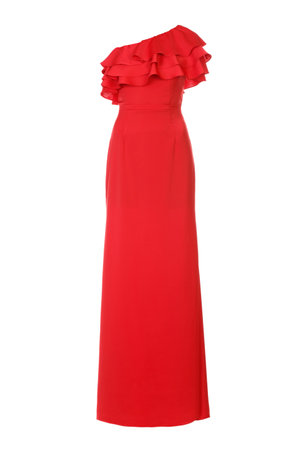 Red long evening dress on white backgroundの写真素材