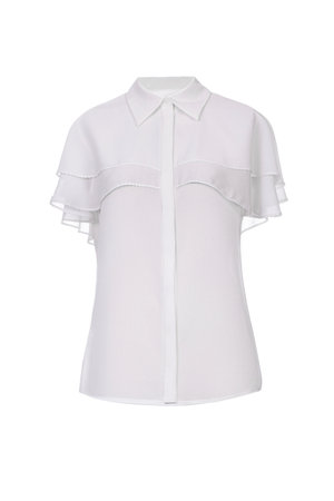 Women's white silk blouse on a white background. Studio shotの写真素材