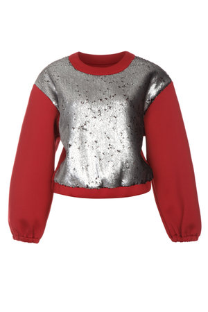 Women's red neoprene jumper with pockets on a white backgroundの写真素材