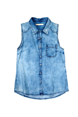 Blue casual denim shirt on white backgroundの写真素材