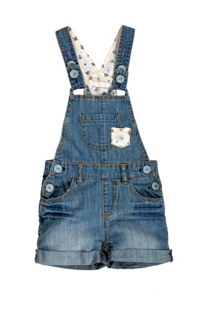Children denim overalls isolated on white backgroundの写真素材