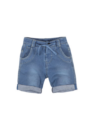 Children's wear - jeans shorts isolated on white backgroundの写真素材