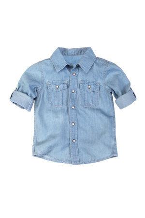 Children`s jeans shirt on a white isolated background.の写真素材