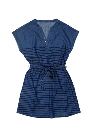 Blue women's denim dress shirt on whiteの写真素材