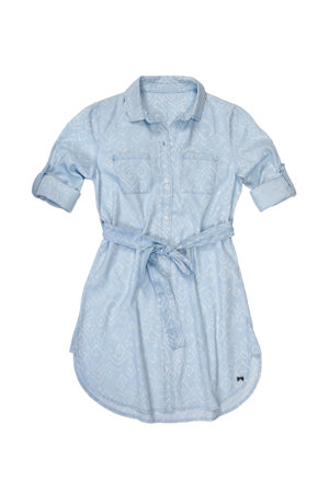 Blue women's dress shirt on whiteの写真素材