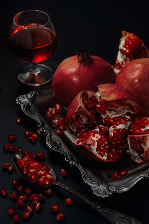 Still life of pomegranates on a black backgroundの写真素材