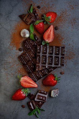 Broken chocolate blocks with strawberries and mint on gray backgroundの写真素材