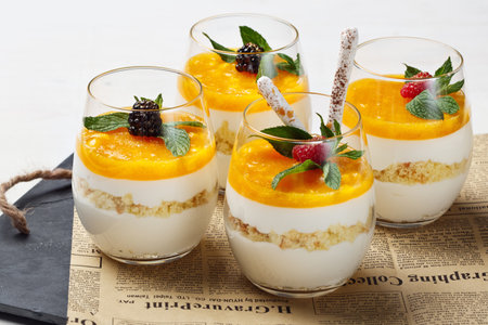 Orange cheesecake in glasses on old backgroundの写真素材