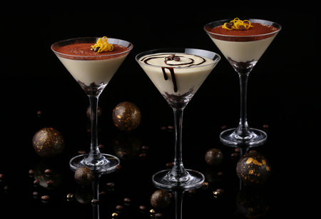 Tiramisu in Martini glasses. Traditional Italian dessert. Selective focusの写真素材