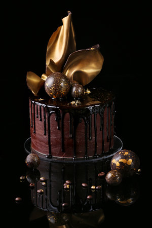 Fancy chocolate cake, isolated, black background, studioの写真素材
