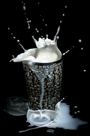 Splash in a cup with milk isolated on black backgroundの写真素材