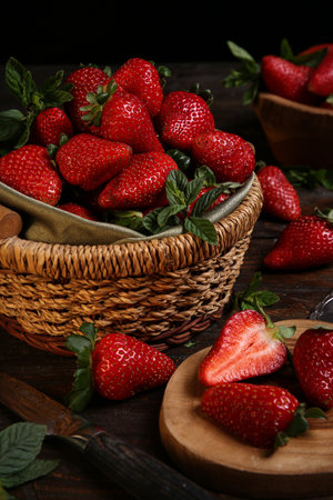 Mature red strawberries on a black table and fresh ripe strawberries in a wooden basketの写真素材