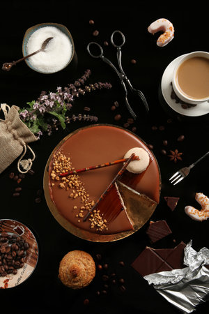 Flat lay composition with different desserts on black background. Top view of cookies, cake, coffee and chocolate.の写真素材