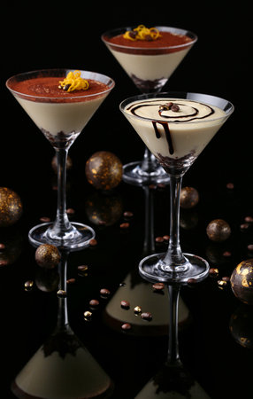 Tiramisu in Martini glasses. Traditional Italian dessert. Selective focusの写真素材