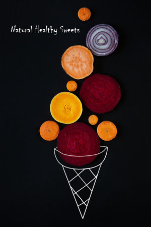 Healthy food and vegetarian food concepts. Healthy vegetables and fruits instead of unhealthy sweets.の写真素材