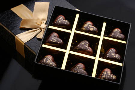 Heart shaped painted luxury handmade bonbons in a gift box on a black background. Chocolates for Valentine's Day.の写真素材