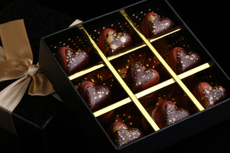 Heart shaped painted luxury handmade bonbons in a gift box on a black background. Chocolates for Valentine's Day.の写真素材