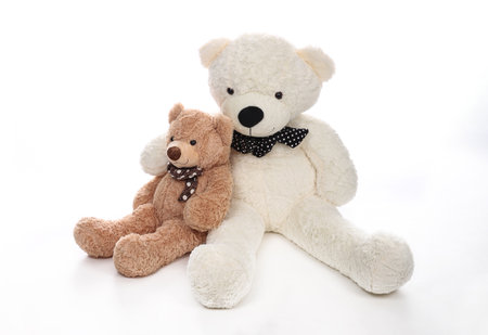 Two Teddy bears hugging each other over white backgroundの写真素材
