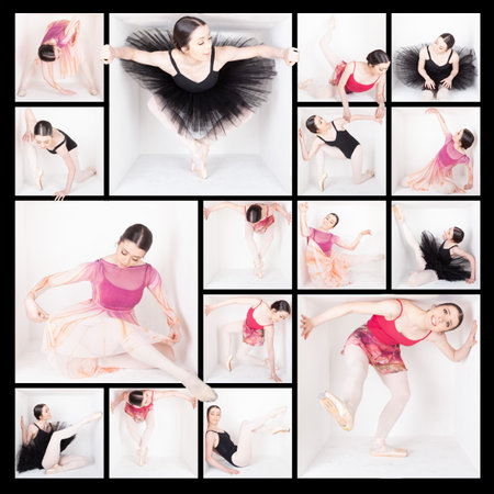 White box series Teenage female ballet dancer poses in a white box in tutu, leotard or comtemporary outift. Collage using multiple photoshop layers, masks and templates, borders and grid. Inspireの写真素材