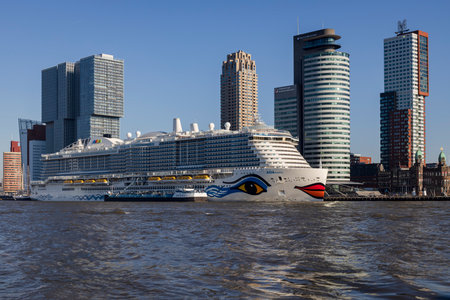 Rotterdam, Netherlands - 3-3-2022: Aida Cosma at the Rotterdam cruise terminal on a sunny day, taking on LNG fuelのeditorial素材