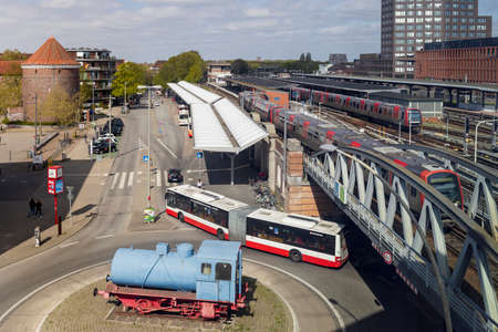 Hamburg, Germany - 4/5/2022: Barmbek train station in Hamburg seen from above