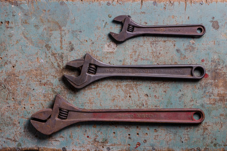Rotterdam, Netherlands - 11-11-2022: Three vintage Bahco adjustable spanners flat lay top viewの写真素材