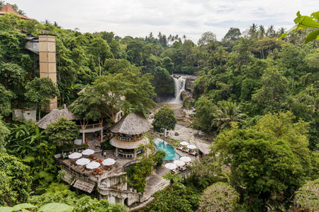 Bali, Indonesia - 04-28-2023: Dayclub Omma at Tegenungan waterfall near Ubudのeditorial素材
