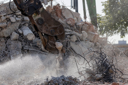 Crusher machine demolishing concrete on a demolition projectのeditorial素材