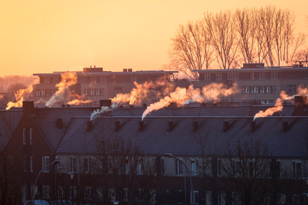 A roofscape in the Netherlands in winter, with homes being heated by natural gas from fossil fuelのeditorial素材