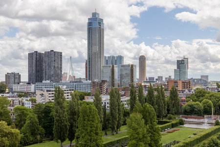 View of Zalmhaven tower and Wilhelmina pier skyline in Rotterdam from a rooftopのeditorial素材