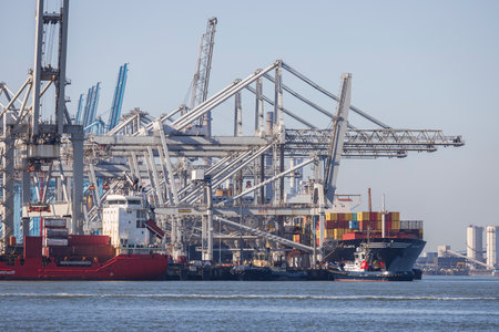 Rotterdam, the Netherlands - 2022-02-26: Ships loading goods at ECT container terminal in the port of Rotterdamのeditorial素材
