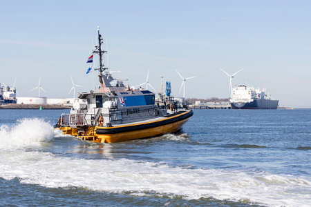 rotterdam, the Netherlands - 2022-02-26: A small vessel of pilot service in the port of Rotterdam at high speedのeditorial素材