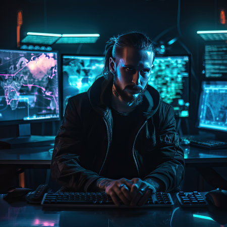 Portrait of a computer hacker in a dark room. Cybercrime concept. ai generatedの素材