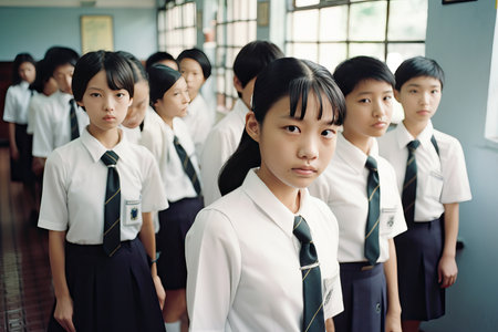 Group of Asian students in school uniform standing together and looking at camera.ai generatedの素材