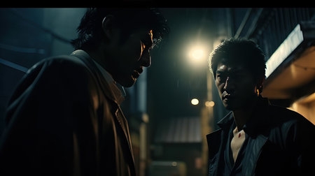 Two young Asian men looking at each other in the city at night.ai generatedの素材